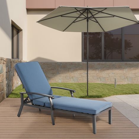 Chaise longue de jardin réglable en aluminium avec coussin en coton bleu, dossier inclinable, design ajouré, 204x68x100 cm (1/5)