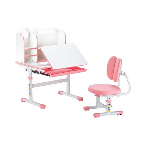 Schreibtisch Set Kinderschreibtisch Arbeitstisch und Stuhl höhenverstellbar (54-73 cm) belastbar (100 kg) 0–40° neigbarer Tisch mit Bücherregal für Schlafzimmer Arbeitszimmer Rosa (1/5)