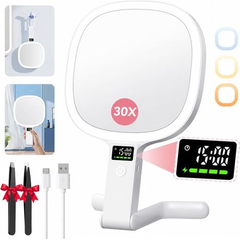 Miroir Grossissant Lumineux 2500mAh 1X/30X, Support 4-en-1, Blanc (1/5)