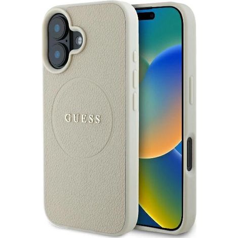 Coque rigide beige/beige Guess GUHMP16SPGHSMME pour iPhone 166,1 pouces, avec anneau grainé et compatible MagSafe. (1/5)