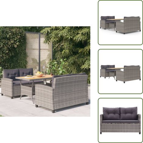 The Living Store Set da Pranzo da Giardino 3 pz con Cuscini Grigio in Polyrattan - Tavolo da pranzo esterno