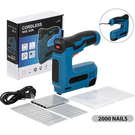 Agrafeuse électrique pour tissus d'ameublement, avec batterie 4 V, 1000 agrafes et 1000 clous inclus, poignée ergonomique, pour tissus d'ameublement, bois et textiles, 153 x 48 x 150 mm, bleue (1/5)