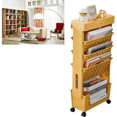 Étagère sur pied, à roulettes et mobile  présentoir de rangement pour manuels scolaires de bureau  étagère à livres à plusieurs niveaux de grande capacité pour salle d'étude  orange. (1/3)