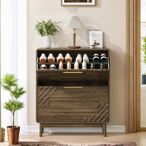 Zapatero de madera de nogal de 80 cm de altura, zapatero independiente de estilo de mediados de siglo con espacio de almacenamiento separado y dos cajones abatibles. (1/5)