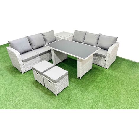 Fimous 8 Seater Rattan Outdoor Dining Table 3 Seater Sofa Set with Side Table 2 Small Stools Light Grey (1/4)