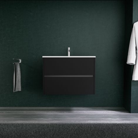 Inda - Badezimmerschrank 2 Schubladen L.80 mit mattem Waschbecken / Mattschwarz - diamante