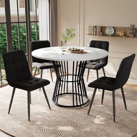 MODFU – Set de mesa redonda Ø100 cm + 4 sillas en MDF efecto mármol, patas de metal y asientos de terciopelo – Multicolor (1/5)