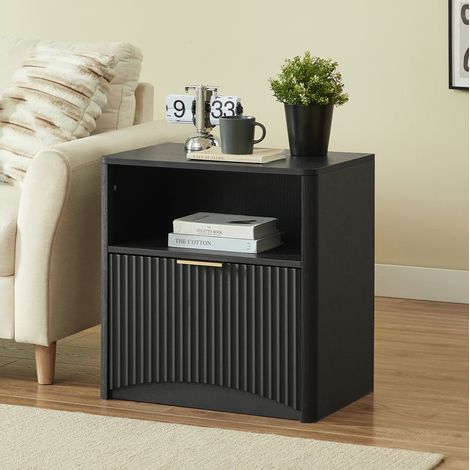 Comodino 58x38x60 cm nero, vano aperto e cassetto, in truciolare, MEUBLIV (1/5)