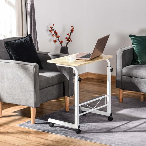 Table d'appoint mobile en C 60x40x78 cm, hauteur réglable, 4 roulettes dont 2 freins, acier et effet érable (1/5)