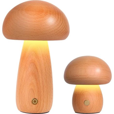Lampada da comodino a LED, luce notturna in legno (set da 2 pezzi, grande + piccola), luce notturna a forma di fungo per bambini, lampada da comodino wireless USB per neonati (1/5)