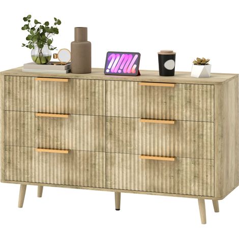 Skandinavische Kommode mit 6 Schubladen, massives Kiefernholz, passende Beine und Griffe aus Eiche, 120 x 40 x 76 cm, Schlafzimmer, Wohnzimmer, Eingangsbereich