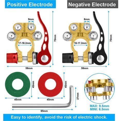 Cosse Batterie 12V/24V, Bornes de Batterie Terminal Positives et Négatives avec 1Paire de Joint de Protection, Connecteurs de Batterie en Laiton de Type SAE/JIS A pour Voiture/Moto/Camion/Navire (1/4)
