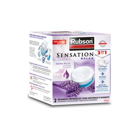 Rubson Sensation Relax, 2 Recharges Universelles Parfum Lavande de 300 g pour absorbeur d'humidité, Recharge 3-en-1 anti-humidité & anti-odeur et qui offre une sensation fraîche
