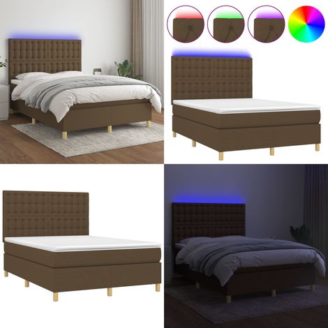 Cama box spring colchón luces LED tela marrón oscuro 140x190 cm - Cama box spring - Colchón con luz LED