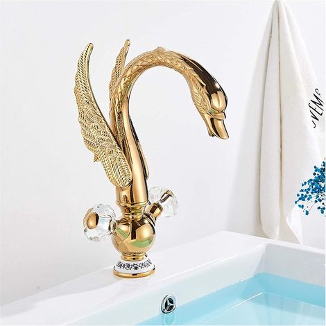 Robinet Salle de Bain doré en forme de cygne, Mitigeur Lavabo en Laiton, Robinet Lavabo avec Poignée en cristal G3/8 (1/5)