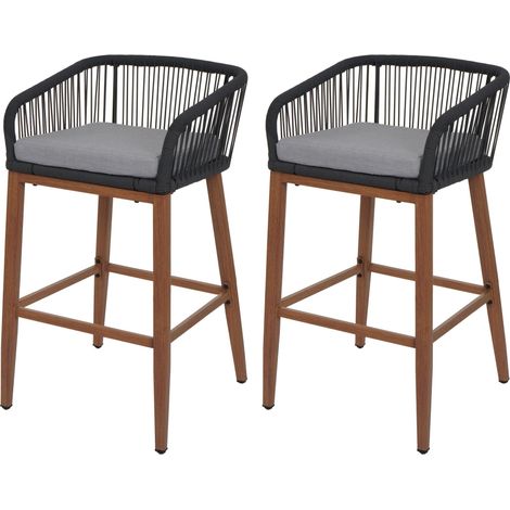 Lot de 2 tabourets de bar intérieur ou extérieur avec tressage en corde anthracite structure en métal aspect bois coussins gris clair 040009607