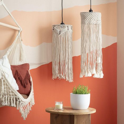 Pendelleuchte aus Baumwolle Macramé Nanti Gebrochenes Weiß