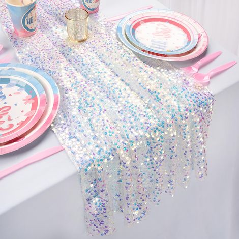 Chemin de Table Blanc : 63,5 x 304,8 cm de Long – Tissu à Paillettes irisées pour fête, Mariage, été, sirène, décorations d'anniversaire (1/5)