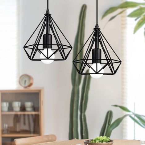 Lot de 2 Suspension Cage Forme Diamant Contemporain Luminaire Corde Ajustable Noir (1/4)