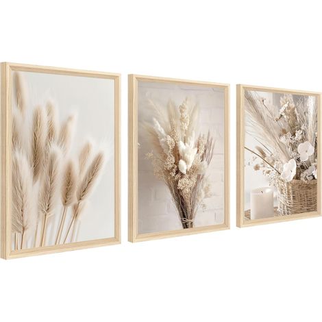 3Pcs Cadre en bois Impression sur Toile Beige Boho Herbe de Pampa Tableau Peinture Affiche Fleur nordique Sauge Herbe Séchée Tableau Decoration Murale Salon Chambre 30x40cm x3 (Pas de plexiglas) (1/5)