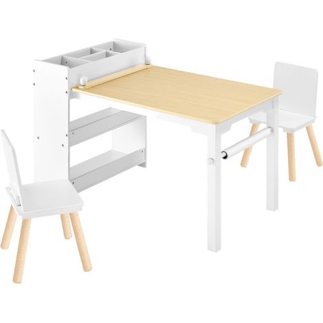 Ensemble table et chaise enfant, table d'activités en bois avec rangement 3 niveaux, bureau créatif pour tout-petit avec 2 chaises, table de lecture, apprentissage, dessin et écriture, blanche (1/5)