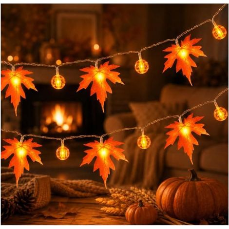 Guirlande d'automne,3M 20LED Feuille d'érable Guirlande lumineuse piles Lumineuse d'automne Feuille d'érable Artificielle Halloween (1/5)