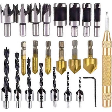 Lot de 23 forets à bois HSS de 3 à 10 mm avec alésoir et poinçon, outil automatique pour le bois et le chanfreinage. (1/4)