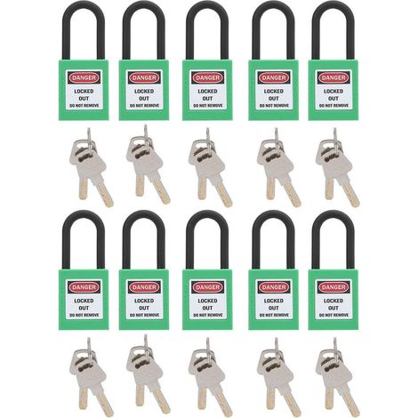 Lockout Tagout Vorhängeschlösser 10er Set Grün mit 2 Schlüsseln pro Schloss