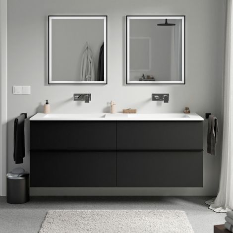 BERNSTEIN - Mueble lavabo suspendido MDF Negro mate, lavabo fundición Blanco mate sin orificio grifería, tirador Negro mate 160x46x62cm LAVOA Negro mate, Negro mate, Blanco mate sin agujero para grife