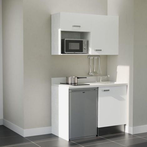 Kitchenette K07L - 120 cm - plan monobloc évier intégré Snova- évier à droite - Façades Blanc + Electroménager inclus coloris Inox (1/5)