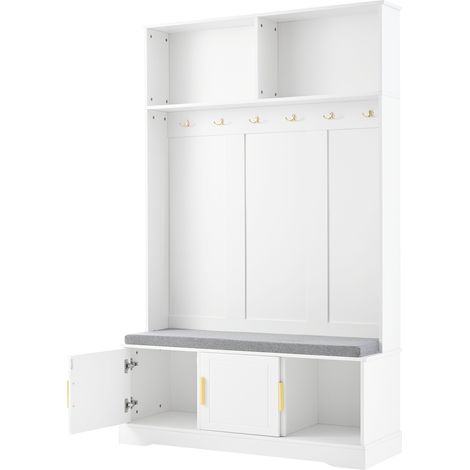 ELVMI Garderobenständer mit 6 Haken, Sitzbank und Schuhregal für Eingangsbereich aus Spanplatte 120 × 40 × 191 cm Weiß (1/5)