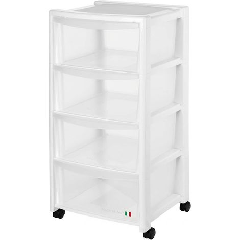 Cassettiera in Plastica 4 Cassetti Semitrasparenti con Ruote Mobiletto Salvaspazio Organizzatore Made in Italy, Telaio Bianco 40x40x H80 cm, Ideale per Bagno Ufficio e Casa (1/5)