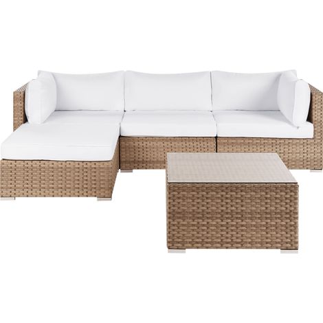 Conjunto de jardín sofá con mesa de centro cuadrada ratán color natural cojines blancos derecho Sano II