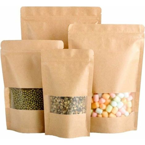 Lot de 50 sachets en papier kraft réutilisables et hermétiques avec fermeture zip et fenêtre transparente 15x22cm YYV (1/4)