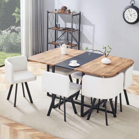 Ensemble table à manger et 6 chaises - table extensible 150x100x79cm - plateau bois et structure en métal noir - Blanc (1/5)