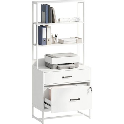 Mueble Archivador con Estantería 2 Cajones Encimera para Impresora Cerradura para A4 Letter Legal Blanco (1/5)