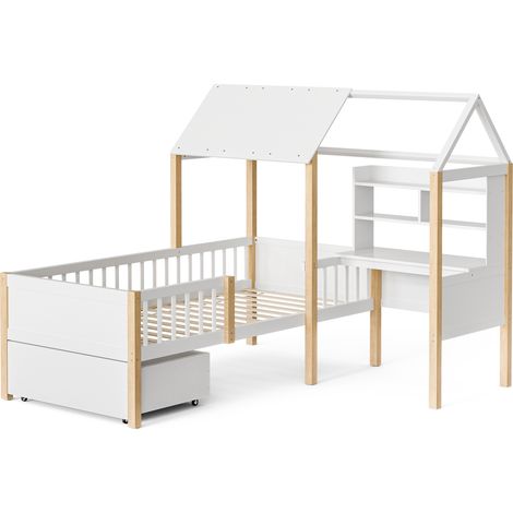 Lit cabane enfant 90 x 200 cm avec bureau en L, étagère, tiroirs et sommier, blanc bois (1/5)