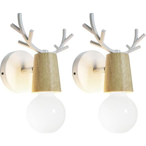 lot De 2 Blanc Rtro Applique Murale Simple Cratif Lampe De Mur Fer Et Bois E27 Base(ampoule Non Incluse)tte De Cerf Nordique Style Art Dco Pour Ch