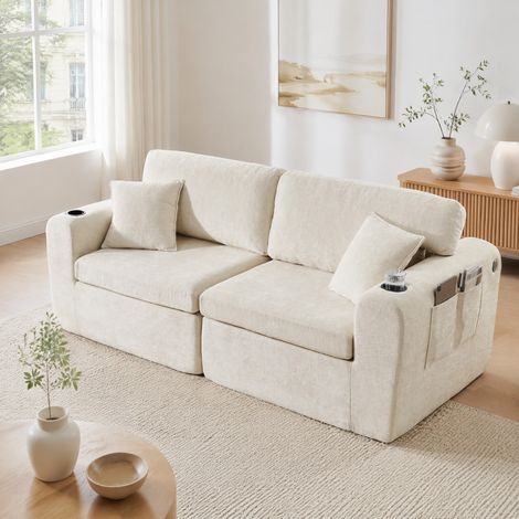 Canapé droit 2 places 220x100x89 cm en tissu chenille beige, gain de place pour salon FloraGrace (1/5)