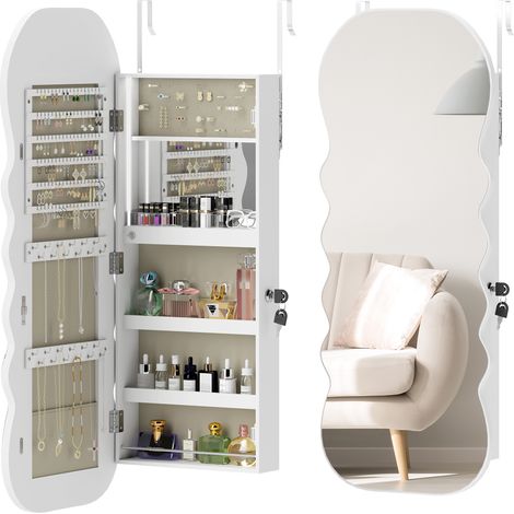 HOMCOM espejo joyero con luz LED, armario joyero montado en la pared o en la puerta, armario para joyas con cerradura, diseño ondulado, blanco