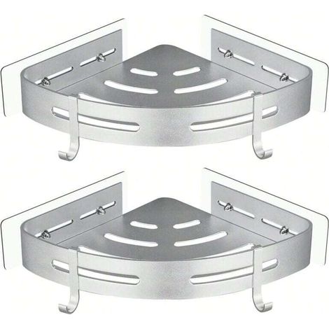 Étagère de douche d'angle, sans perçage, sangle métallique, 2 crochets, antirouille, autocollante, accessoires de salle de bain (argent) (1/4)