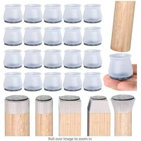patin chaise,20 pièces protège pied de chaise, tampon chaise, protections de sol en silicone transparent pour pieds de chaise avec patins en feutre, pour sols en bois dur et carrelage (1/5)