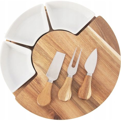 Tabla de madera para quesos y embutidos con cuencos y cuchillos. (1/5)
