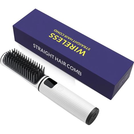 Peine alisador de cabello, inalámbrico, con tecnología de iones negativos, color blanco. (1/2)
