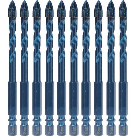 Mèches en carbure avec tige hexagonale de 1/4 po, 10 pièces, foret à tête croisée pour céramique, marbre, verre, bleu foncé, trou de 8mm (1/5)