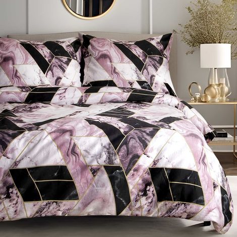 Linge de lit en coton satiné 160x200 cm, noir et rose, motif géométrique marbré (1/5)