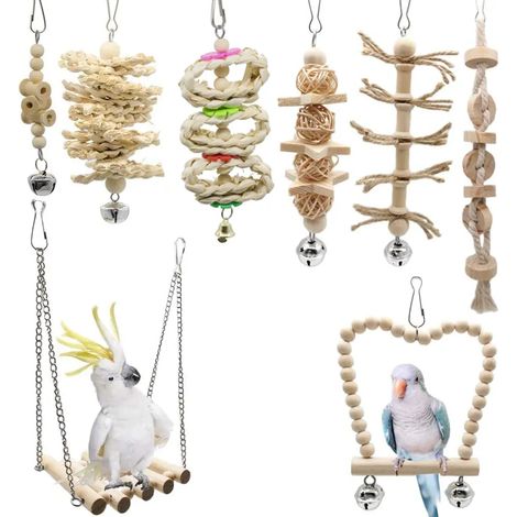 Ensemble de 8 jouets pour oiseaux : échelle en bois, jouet et accessoire pour cage, idéal pour perruches, perroquets, perruches grises, calopsittes, pinsons, cacatoès et aras. (1/5)