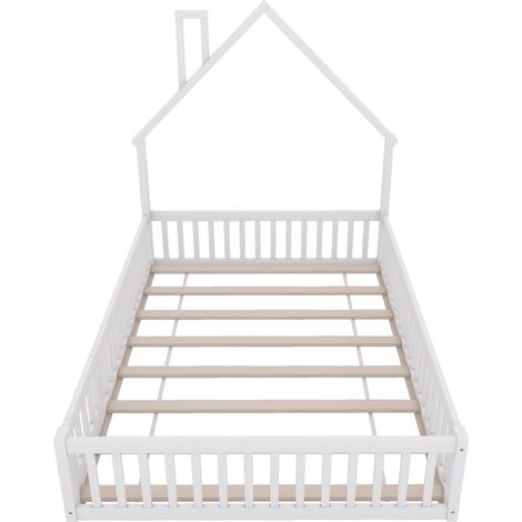 Cama infantil cabaña 140 x 200 cm con barreras, pino y MDF, blanca, somier de lamas, sin colchón (1/5)