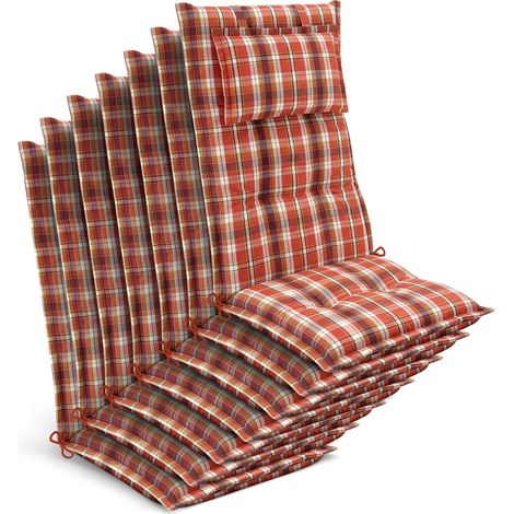 7x Gartenstuhlauflage Hochlehner 120x50x7cm, Orange-Rot-Grün-Kariert
