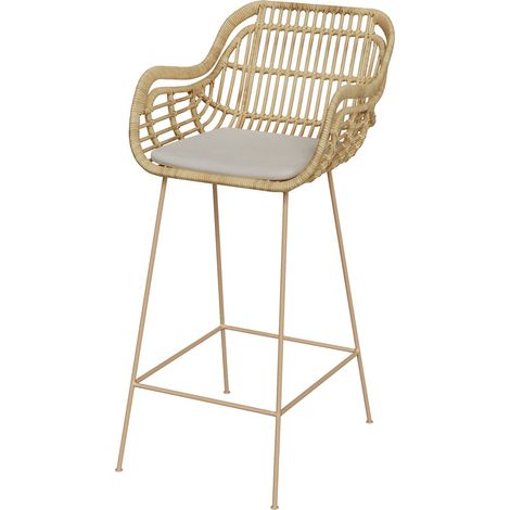 Taburete de bar mimbre, cojín tela, patas metal beige, 71 cm - Chiloé